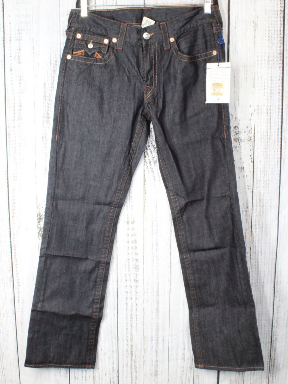 NWT True Religion Straight Leg Flap Jeans Sunset Logo Orange Red Stitch 33